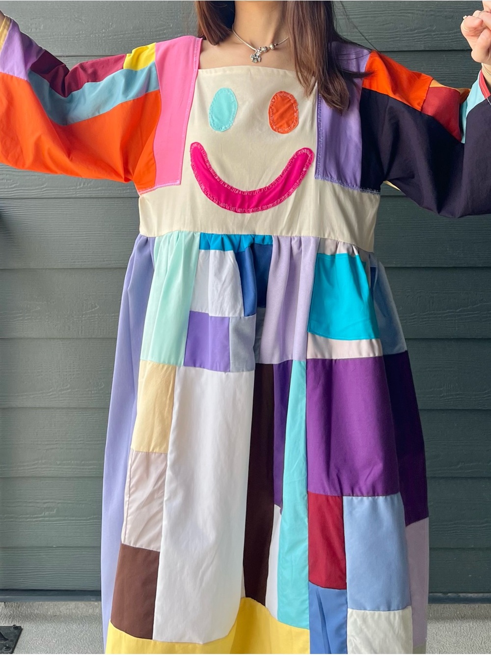HAPPY FACE SAD FACE | Handmade Quilt Patchwork Moody Dress SKU 06305 Vibrant - Picture 4 of 16